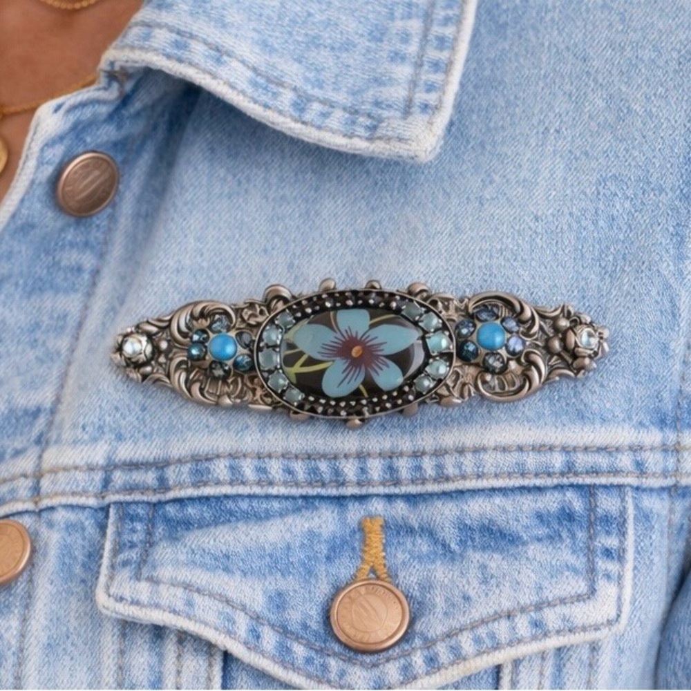 Vintage ORNA Signed Floral Enamel Brooch Blue Rhinestone Pin